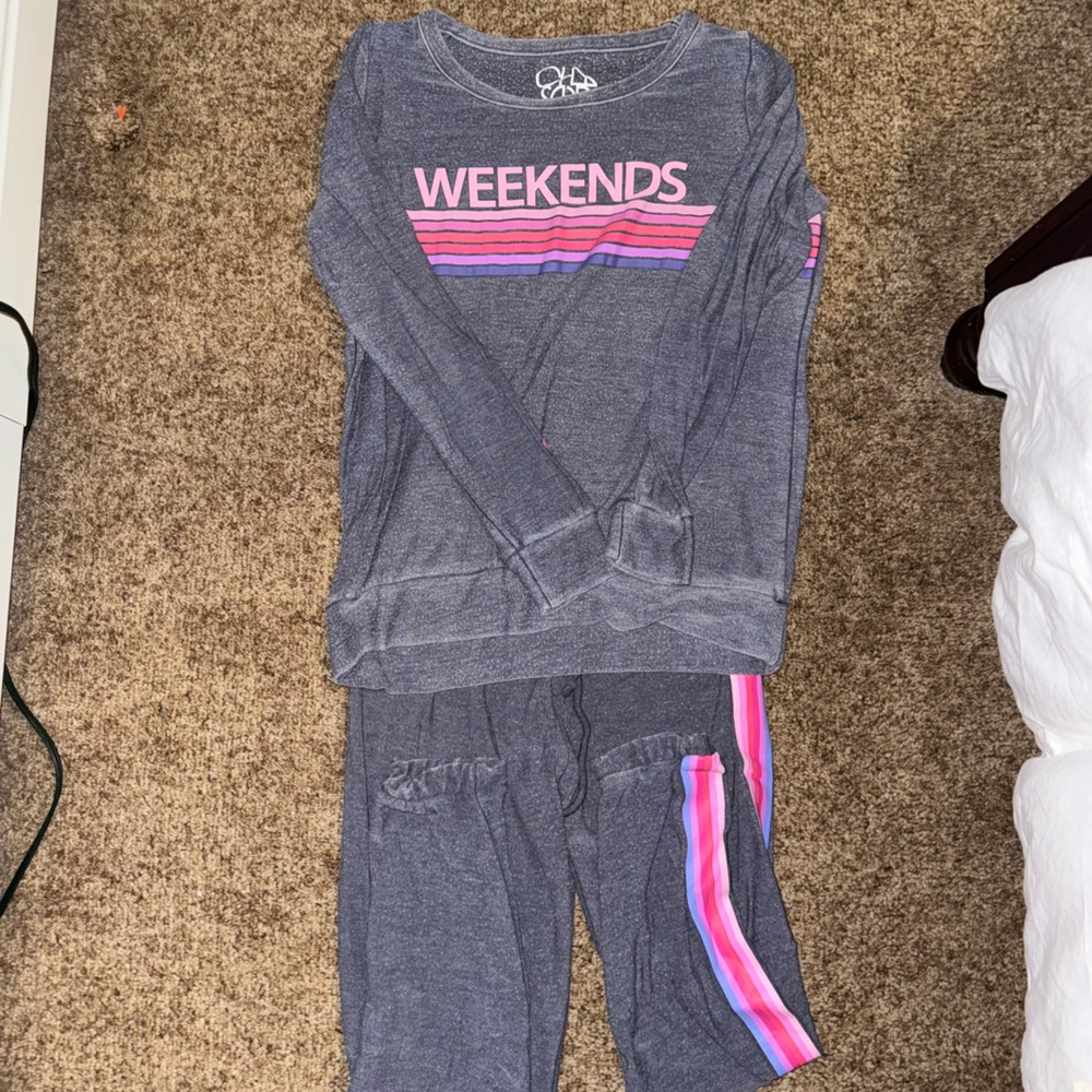 Gray Weekend Lounge Set with Pink and Blue Stripes